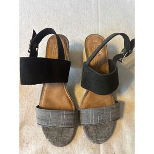 Toms Majorca Block Heel Sandals Womens 8 Black Suede Grey Plaid Espadrille